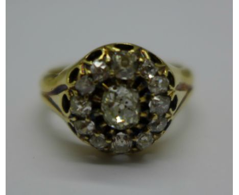 A Victorian yellow metal diamond cluster ring, approximately 1.2carat diamond weight, 6.2g, O