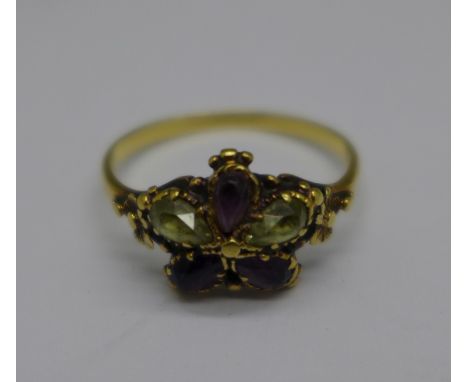 A yellow metal multi gem set ring, 1.8g, K