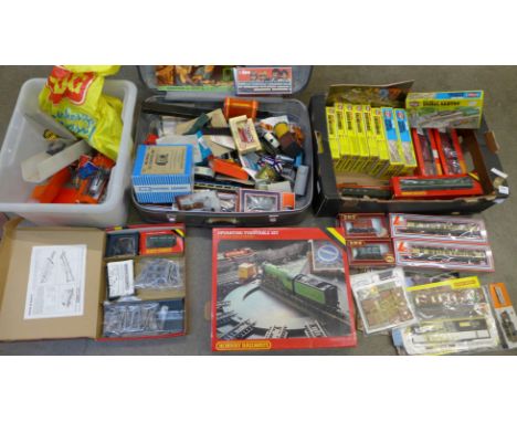 Hornby and Lima model rail, and ten Airfix model rail accessory kits (suitcase and two boxes)