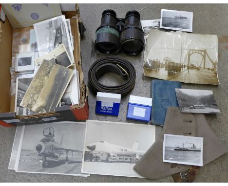 A collection of military and transport photographs, a 1947 serviceman's diary, Army belt and a pair of field glasses