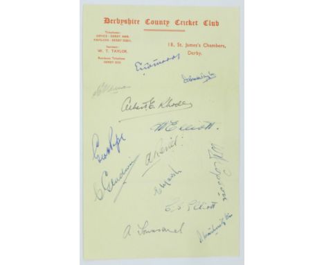Derbyshire County Cricket Club headed notepaper with team autographs, 1940's