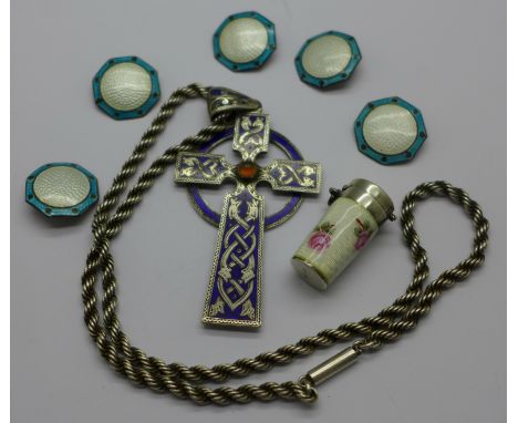 Five enamel buttons, a silver and enamel pendant with silver rope twist necklace and a silver and enamel cheroot holder and c