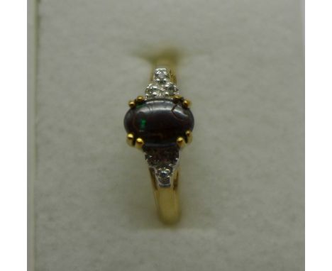 A yellow metal boulder opal and diamond ring, 2.1g, N