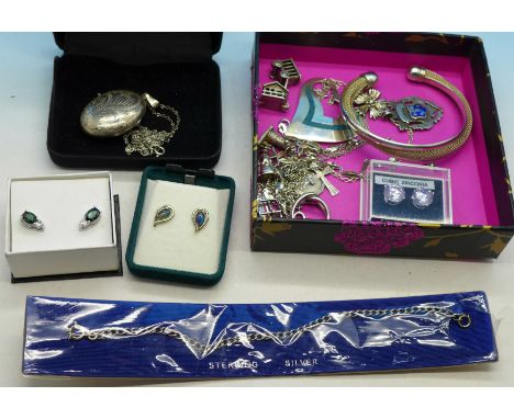 Silver jewellery etc., including charms, fob, locket and bangle