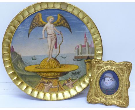 An oil on circular plaque of cupid, signed L.E. Shin and a small oval portrait of a young boy