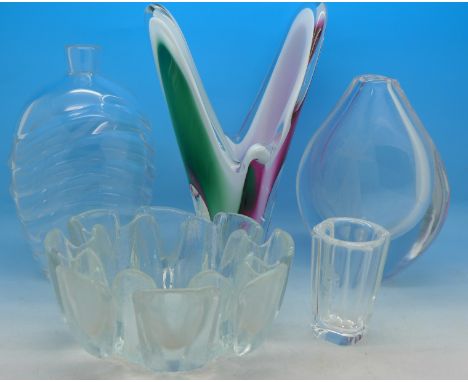 Five Scandinavian glass vases including Orrefors, Simon Gate, Sven Palmqvist and Paul Kedelu for Flygfors