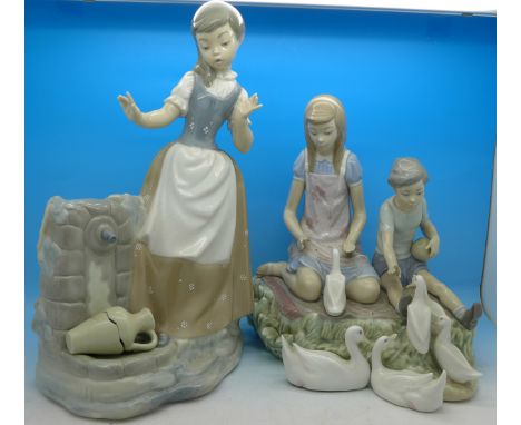 A Lladro figure group, children with ducks, a/f and a Nao figure, girl with broken jug