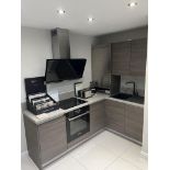 A Fitted Kitchen Display comprising: Corner Larder Unit ; Double Sink Cupboard; Corian Phoenix