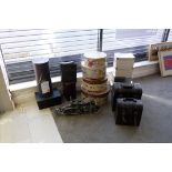 Assorted Showroom Dressing Items including hat boxes, book boxes, motorcycle ornament.