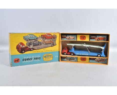 A BOXED CORGI TOYS MAJOR CARRIMORE CAR TRANSPORTER WITH 4 CARS GIFT SET, number 1, red cab with blue and sky blue top level, 