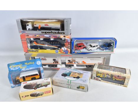 SEVEN BOXED DIECAST MODEL VEHICLES to include a Joal Compact Volvo Coach 1:50 scale, item no. 149, a Joal Volvo FH-12 double 