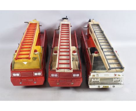 THREE TONKA TOYS AERIAL LADDER FIRE TRUCKS, all ladders raise and lower (one missing control wheel and another has crack to p