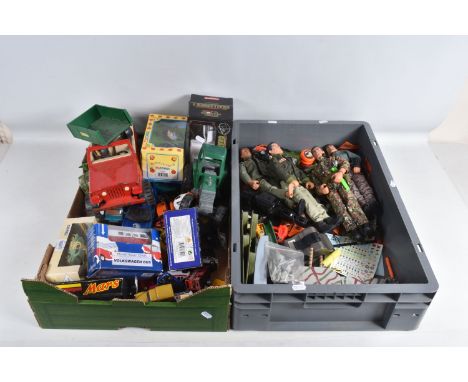 THREE BOXES OF MIXED TOYS AND COLLECTIBLES, to include  a collection of unboxed Action Man figures and accessories, one with 