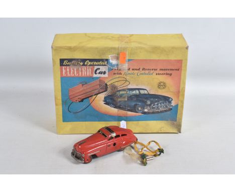 A BOXED MARX (GREAT BRITAIN) PLASTIC BATTERY OPERATED ELECTRIC CAR, c.1950's American style car with blue body, white windows