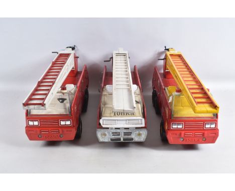 THREE TONKA TOYS AERIAL LADDER FIRE TRUCKS, all ladders raise and lower (one missing control wheel), two with working extensi