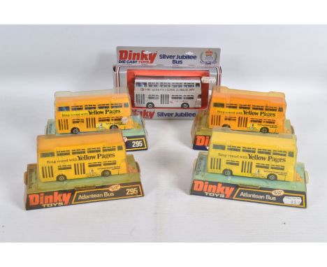 FIVE BOXED DINKY TOYS LEYLAND ATLANTEAN BUSES, four are the Yellow Pages advertising bus, No.295, including two of the darker