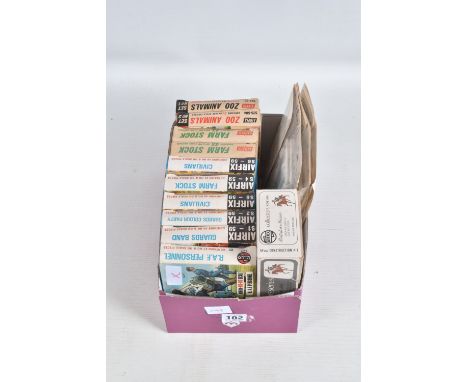 A COLLECTION OF VINTAGE UNBUILT AIRFIX  FIGURE SETS, to include Zoo Animals, set no. S24, two Farm Stock, set no. S4, Zoo Ani