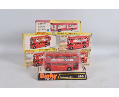 FIVE BOXED DINKY TOYS A.E.C. ROUTEMASTER BUS MODELS, No.289, four with 'Esso Safety Grip Tyres' adverts, the other with 'Schw
