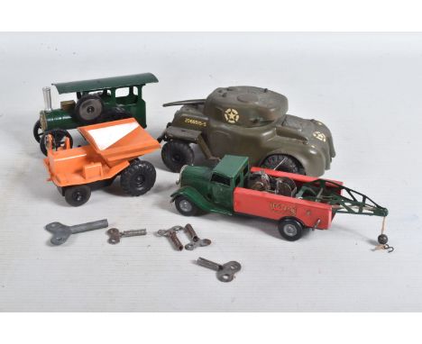 FOUR UNBOXED TRI-ANG MINIC CLOCKWORK MODELS, Breakdown Lorry, No.48M, green cab, red body, black chassis, complete with crane