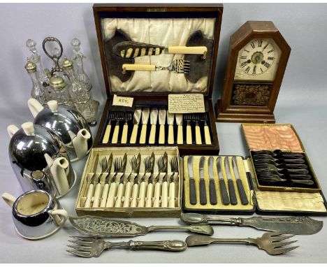 OAK CASED SET OF SIX FISH KNIVES &amp; FORKS WITH SERVERS, another box set of fish knives and forks, plated six bottle cruet 