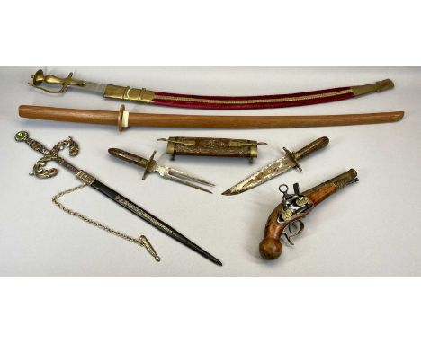 AN INDIAN SABRE - with brass handle and brass mounted plus scabbard, 85cms, a Samurai type wooden sword, 102cms, a Spanish sh