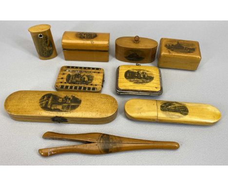 19TH CENTURY MAUCHLINE WARE - 9 pieces including a cribbage board, spectacles case, purse and glove stretchers - 'Hawarden Ca