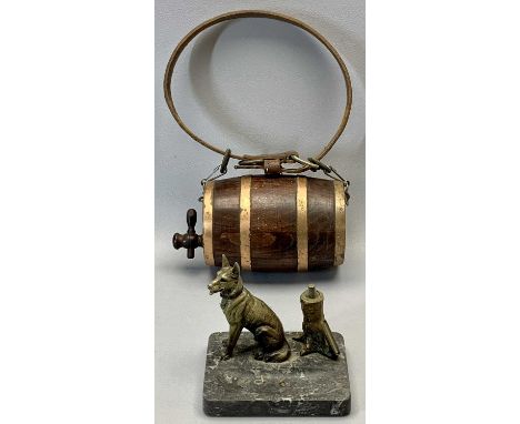 VINTAGE TABLE LIGHTER/ASH TRAY modelled as a Spelter dog seated by a tree stump on marble base, 14cms H, 15cms W, 11cms D and