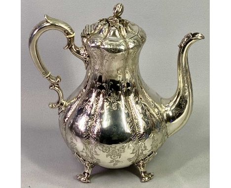 VICTORIAN SILVER COFFEE POT - London 1847, Makers Daniel & Charles Houle, melon form bulbous body with C scroll handle and sw