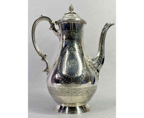 VICTORIAN SILVER COFFEE POT - London 1883, Makers Richard Martin & Ebeneezer Hall, bulbous form body on a circular base with 