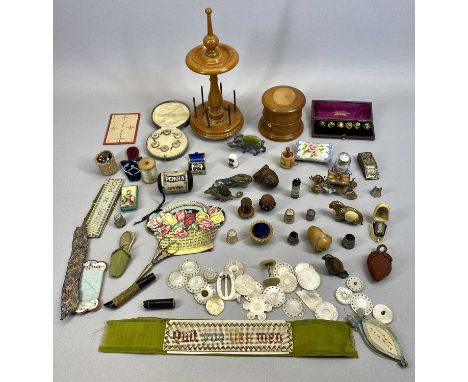 GOOD &amp; INTERESTING SELECTION OF SEWING &amp; NEEDLEWORK ACCESSORIES - including a treen bobbin holder and one other, vari