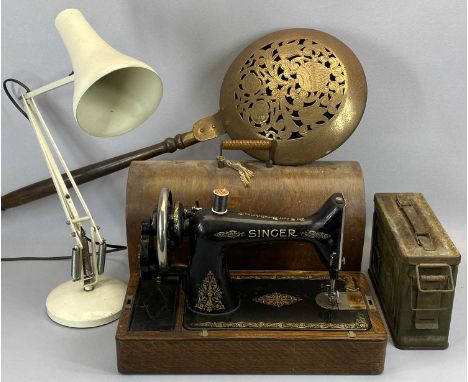 SINGER HAND CRANK SEWING MACHINE - No Y1608119 in case, green painted steel ammunition box, calibre .30M1, a retro cream colo