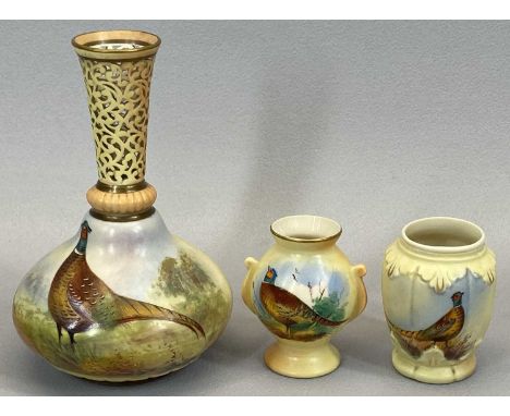 LOCKE &amp; CO WORCESTER VASE - with broad body and reticulated narrow neck, painted with pheasants, 14.5cms H and two miniat