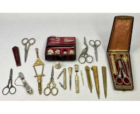 HALLMARKED SILVER & OTHER SEWING IMPLEMENTS - to include two cased etui, one in rosewood with ivory inlay, silver handled sci