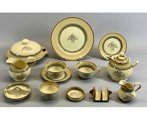 CLARICE CLIFF BREAKFAST SET - 13 pieces, beige/cream ground with brown, green and black bands, painted to the centre with a b