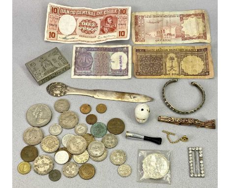 WHITE METAL, JEWELLERY, COINS &amp; BANK NOTE COLLECTOR'S GROUP - to include a white metal book form vesta case inscribed wit