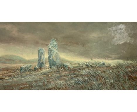 R SCARFF dated '75 oil on board - 'Bryn Celli Ddu, Anglesey', 30 x 57cms and PHILLIP LEE mixed media - Llandrillo Bridge, 29 
