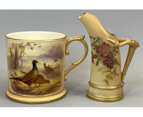 ROYAL WORCESTER BLUSH IVORY TANKARD - painted with pheasants and flowers and with acanthus capped, loop handle, 11cms H and a