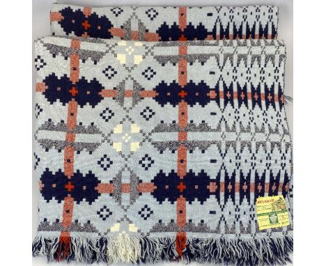 TRADITIONAL BRYNKIR WELSH WOOLLEN BLANKET - tassel ends, Prince of Wales Caernarfon 1969, ground light/dark blue and red and 