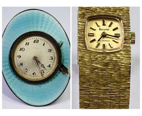 SILVER &amp; LIGHT GREEN ENAMEL CIRCULAR DIAL EASEL BEDROOM CLOCK - Birmingham 1930 (enamel distressed), and, LADY'S ACCURIST