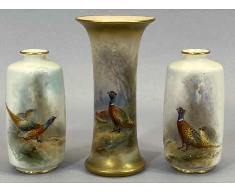 ROYAL WORCESTER IVORY SPILL VASE - painted with pheasants and signed 'James Stinton', green mark No G923, 12cms H and a small