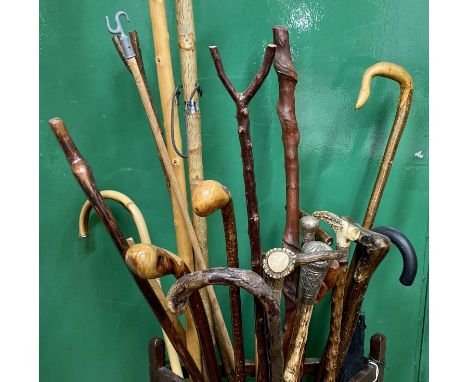 WALKING STICKS, CANES, ETC, horn handled Malacca walking stick with silver collar, 81cms H, ebonised walking cane with silver