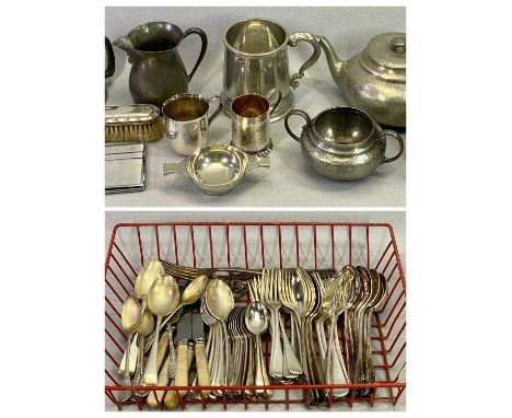 MIXED EPNS &amp; PEWTER WARE - to include a three piece James Dixon &amp; Sons beaten Cornish pewter teaset, Edwin Blyde tank