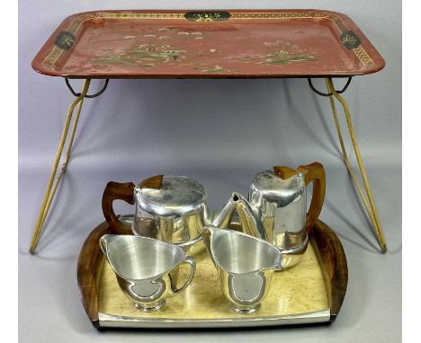 PIQUOT/NEW MAID 4 PIECE TEA SERVICE WITH ASSOCIATED TRAY and a tin ware folding bed tray decorated in red chinoiserie style