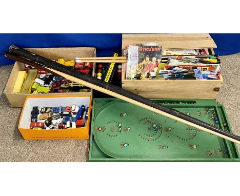 COLLECTABLE SCALE MODEL VEHICLES - Matchbox, Dinky, ETC, vintage snooker cue in metal case, vintage painted Bagatelle table a