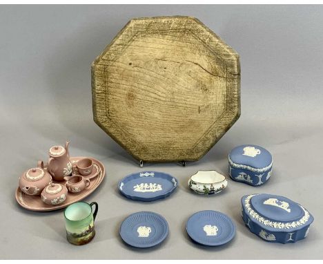 WEDGWOOD PINK &amp; CREAM JASPER CAMEO WARE DOLL'S TEASET - teapot, hot water jug, lidded sugar basin, milk jug, cup and sauc