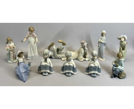 LLADRO, NAO &amp; OTHER SPANISH FIGURES (10) - Lladro clown lying down, 37cms L, Nao girl with chamber stick, 27cms H, Lladro