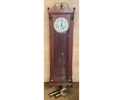 MAHOGANY CASED VIENNA TYPE WALL CLOCK - 20th Century, circular white enamel dial with black Roman numerals, brass twin weight