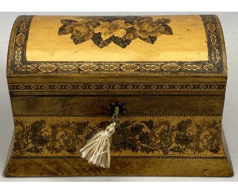 VICTORIAN TUNBRIDGE WARE TEA CADDY - of domed sarcophagus form decorated with bands of geometric parquetry and roses, the hin