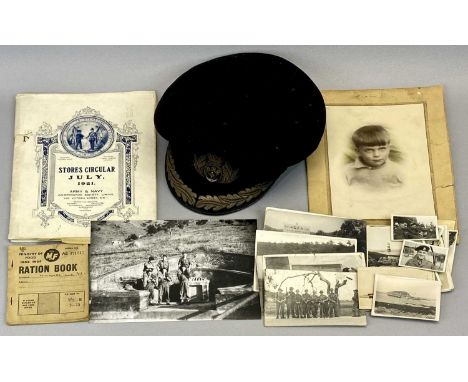 VINTAGE ROYAL NAVAL RESERVES OFFICER'S CAP, post Second World War ration book for W Hughes, 1921 Army and Navy Society Stores