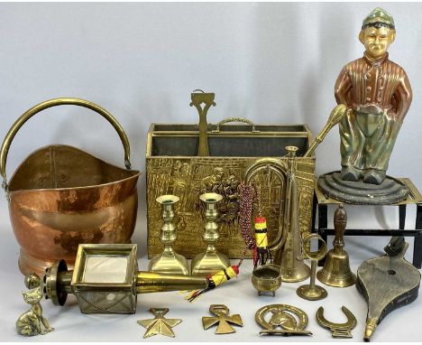 VICTORIAN BRASS CANDLESTICKS, A PAIR, 17cms H, Victorian brass and steel trivets, 15cms H, 23cms W, 16cms D, a reproduction c